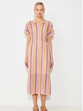 SUNCOO Striped Crochet Maxi Dress in Pink and Purple